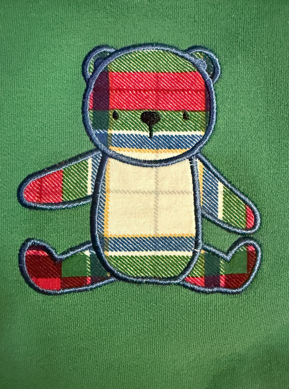Angel Dear French terry sweatshirt, embroidered plaid teddy bear, embroidery detail