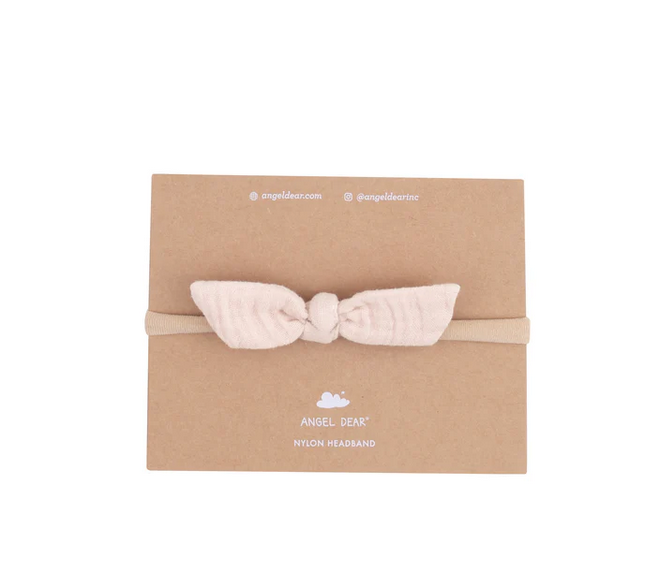 Angel Dear nylon headband with muslin bow, rose smoke, on card