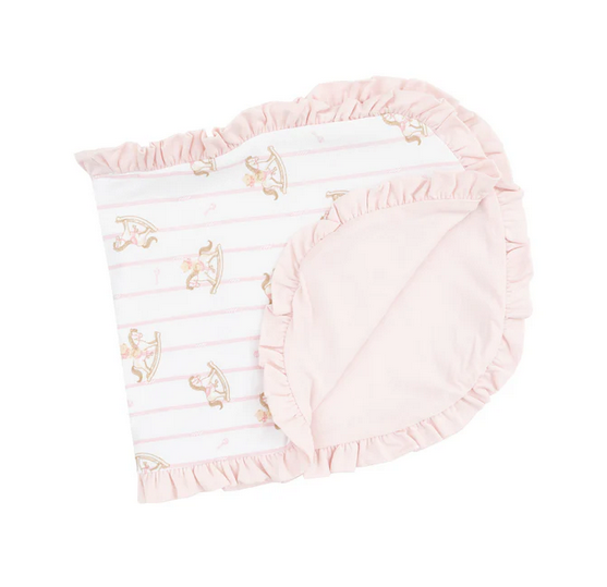 Angel Dear bamboo ruffled burp cloth, vintage rocking horse pink, open flat