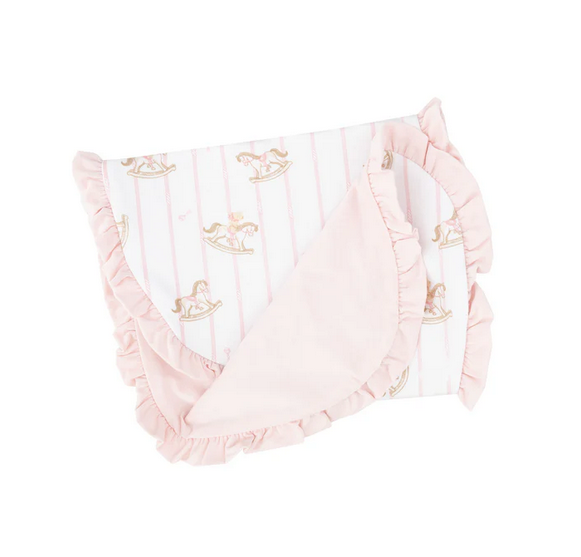 Angel Dear bamboo ruffled burp cloth, vintage rocking horse pink, open angle