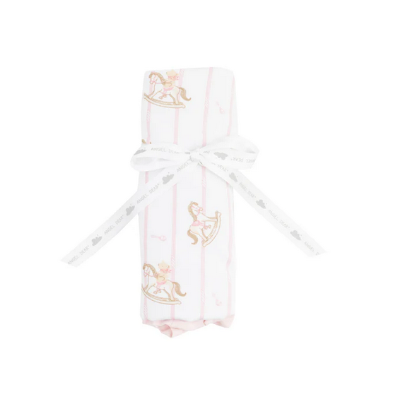Angel Dear bamboo ruffled burp cloth, vintage rocking horse pink, rolled with tie
