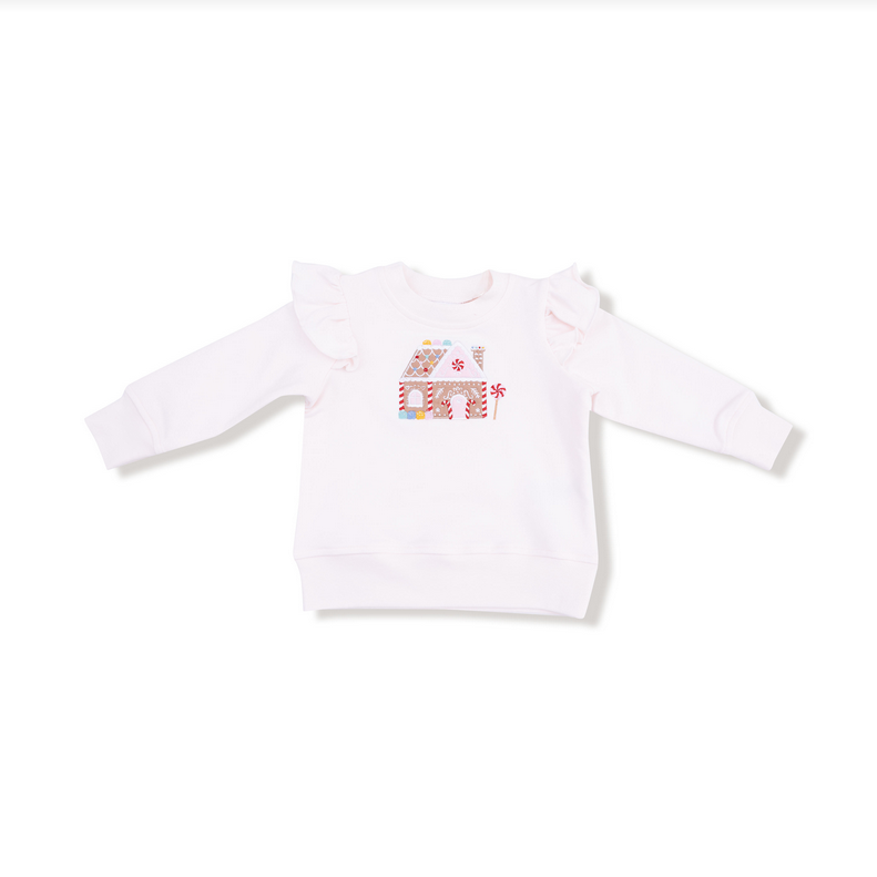 Angel Dear ruffled shoulder French terry sweatshirt, gingerbread house, front view