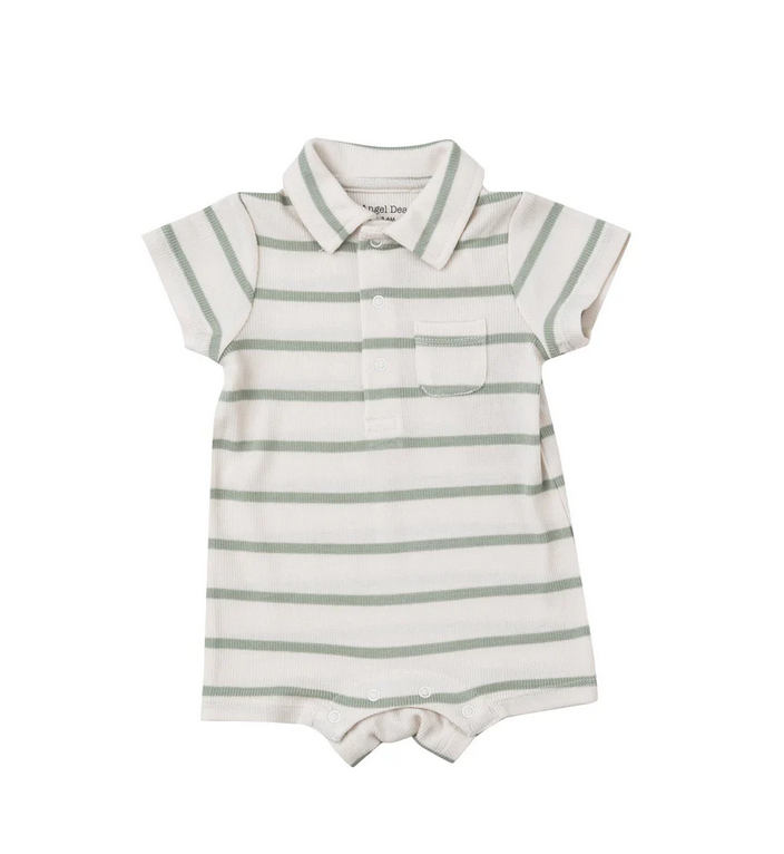 Angel Dear Bamboo S/S Bamboo Polo Shortie Romper - Sage Stripe