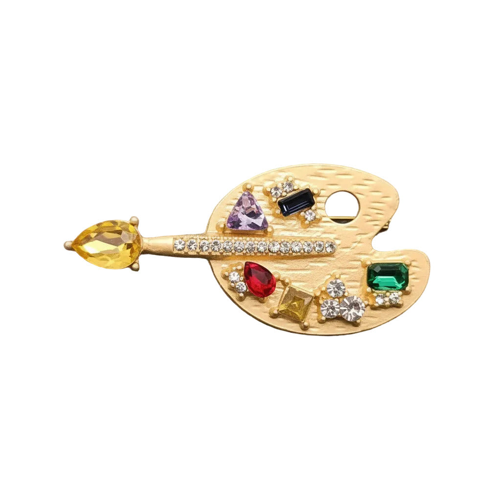artist paint palette and paint brush rhinestone and gold brooch pin