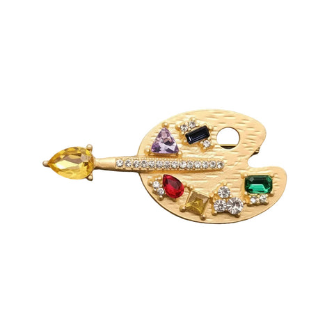 Jewelry: Artist Paint Palette andPaint Brush Inlaid Glass & Rhinestone Brooch Pin
