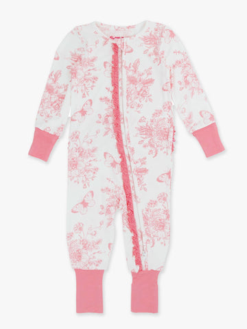 SoftSnooze™ Baby Girls Bamboo Convertible Ruffled Romper - Pink Butterfly Toile