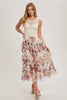 Women's/Junior Floral Ruffled Tulle Midi Length Skirt - Cream and Maroon