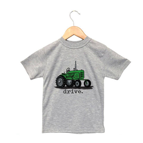 Barefoot Graphic Print S/S TShirt, Heather Grey, Green Tractor, "Drive"