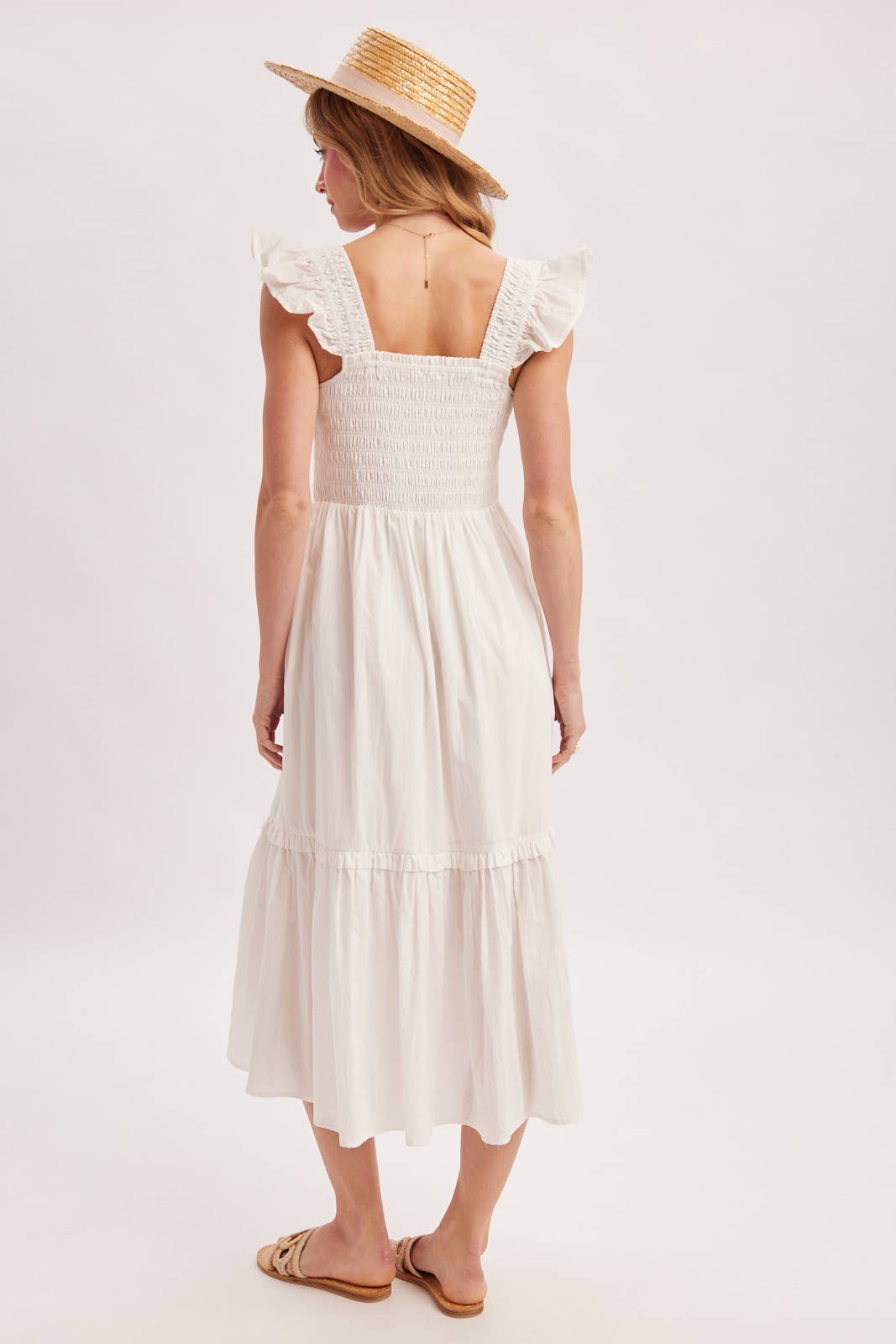 Women's Smocked Square Neck Midi Dress with Hidden Side Pockets - Soft White