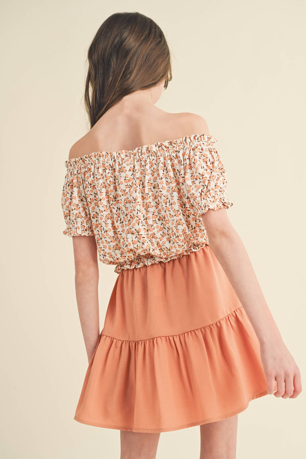 Tween/Teen Girls 2PC Floral Peasant Top and Button Skirt Set - Earthy Poppy/Tan