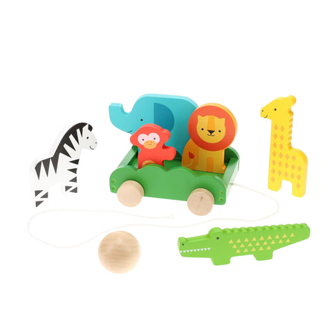 Wooden Pull Along Safari Animals Cart & Wooden Bowling