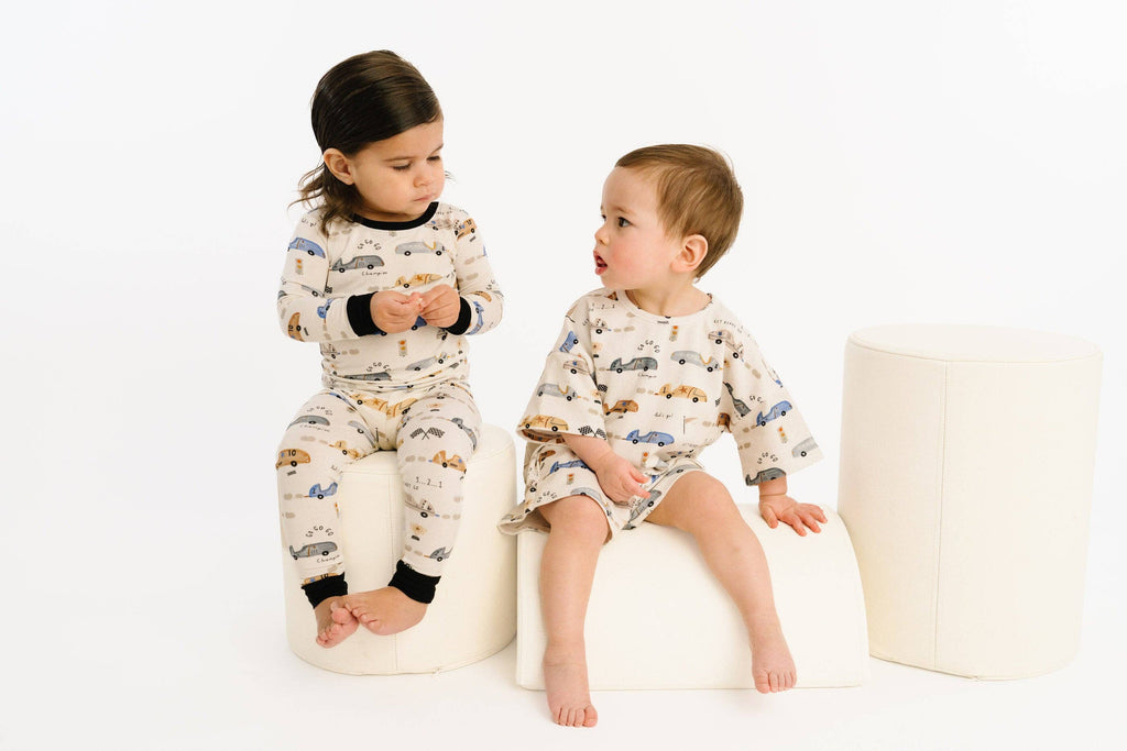 Bamboo 2PC L/S Kids PJs - Vintage Race Cars, B/W