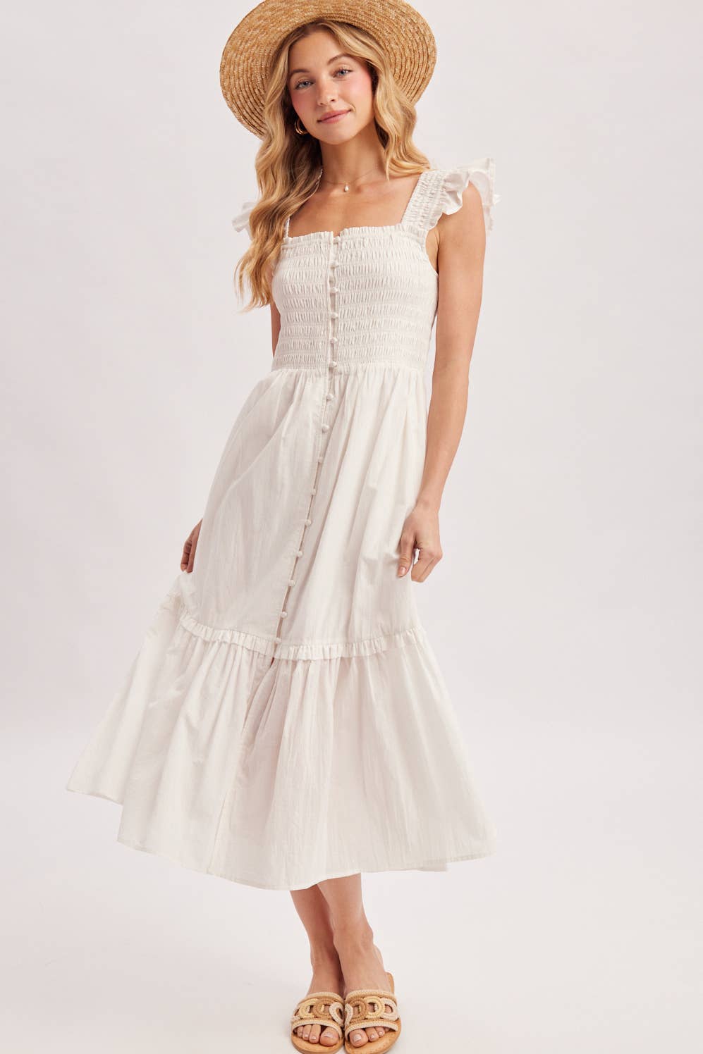 Women's Smocked Square Neck Midi Dress with Hidden Side Pockets - Soft White