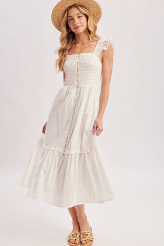 Women's Smocked Square Neck Midi Dress with Hidden Side Pockets - Soft White