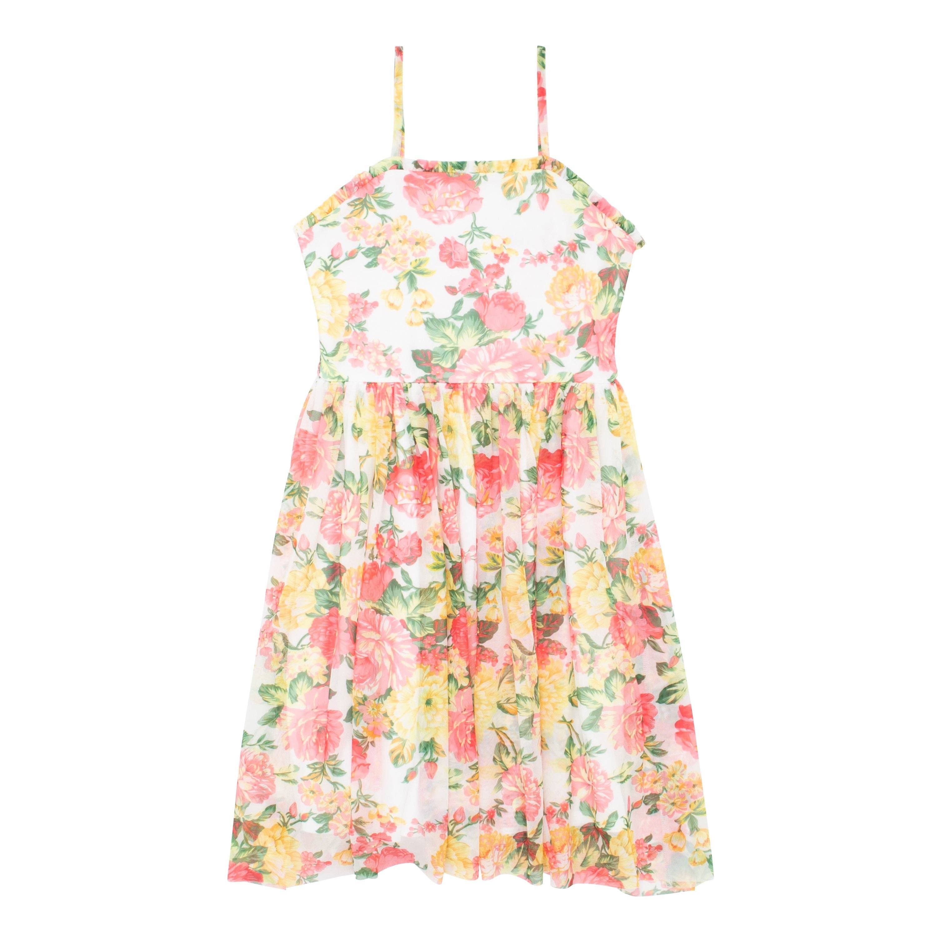 Mini/Tween Girls Rose Floral Ruffle Hi-Low Hem Sun Dress: Multi Orange and Yellow Floral