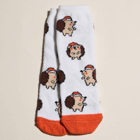 Cozy Fuzzy Holiday Socks - White/Hedgehog