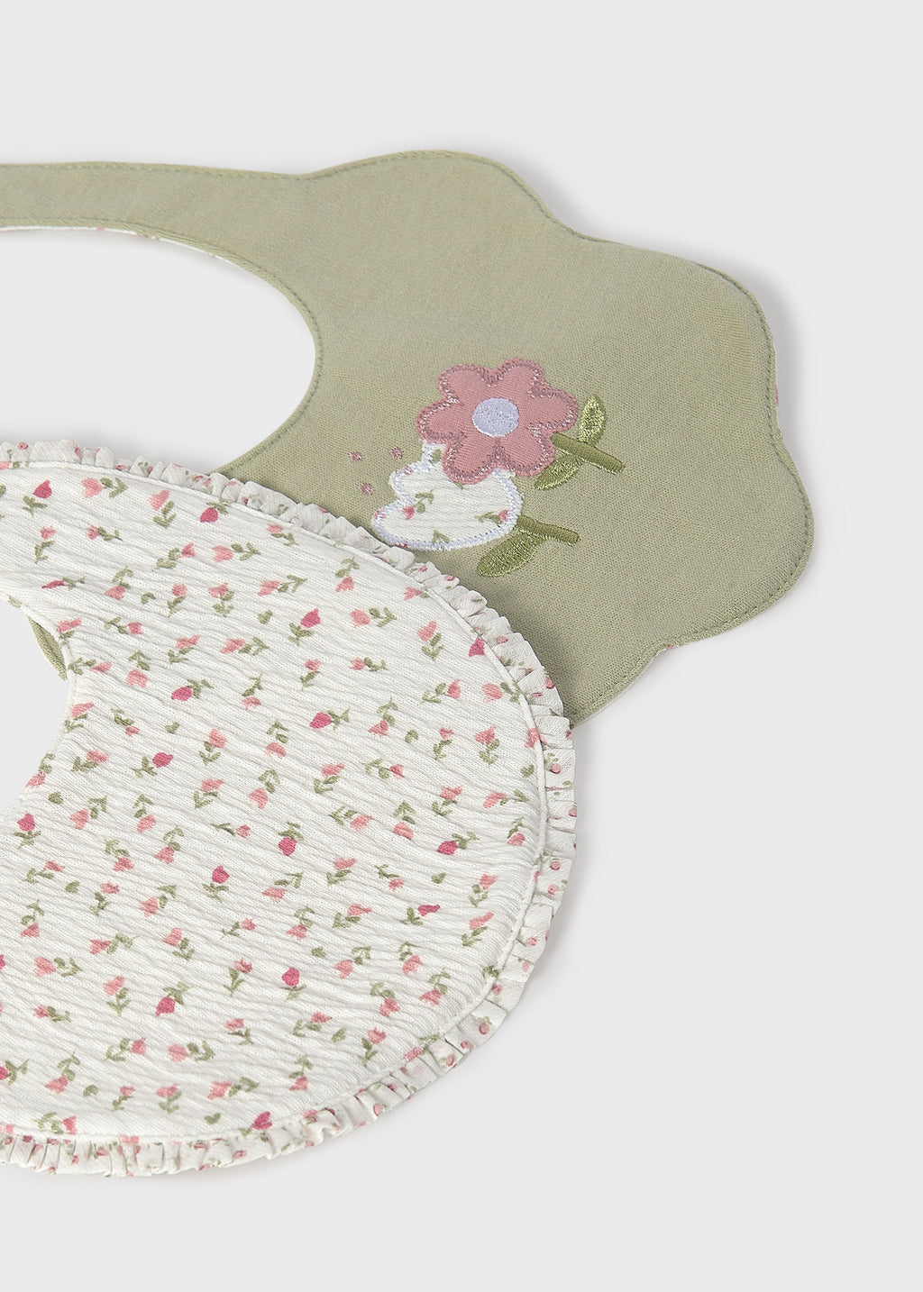 Mayoral 9139 baby girl green embroidered flower 2pc bib set - detail