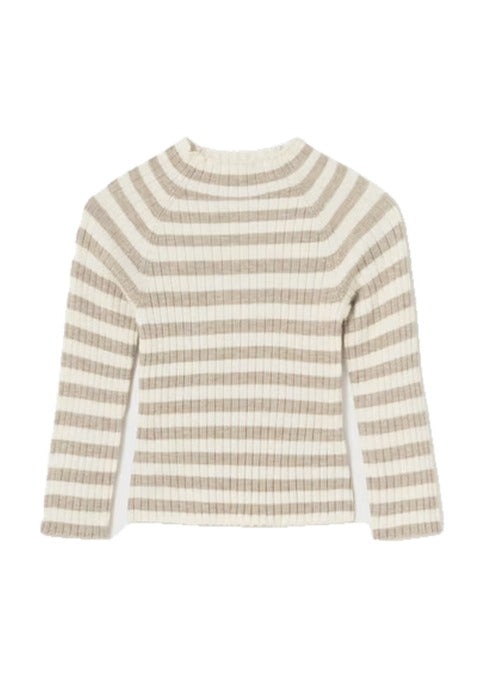 Mayoral baby girl natural striped knit mockneck, bark, front view