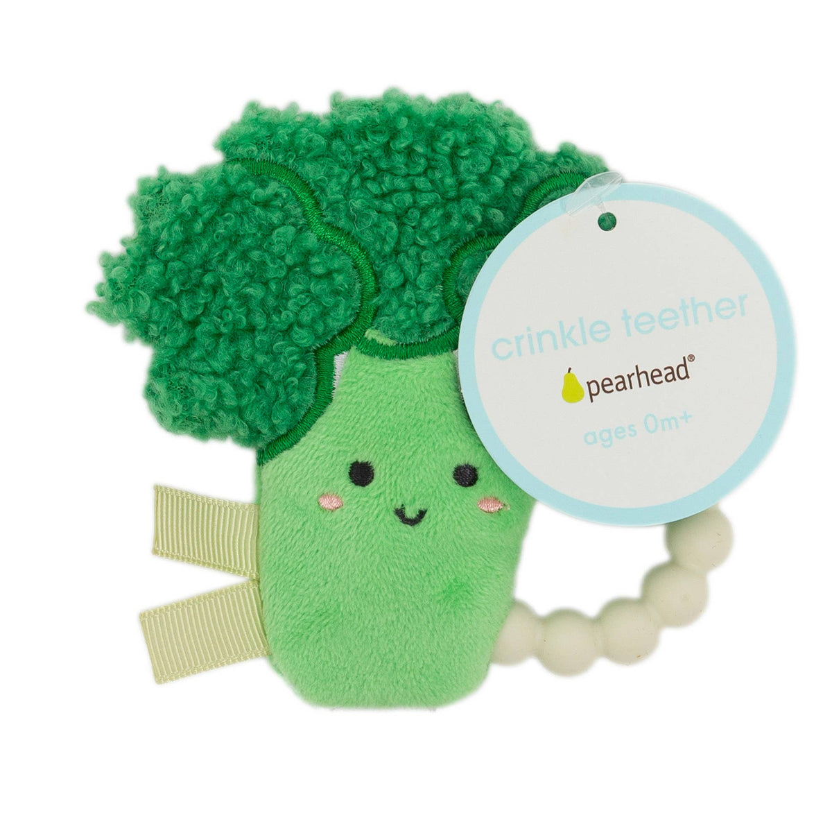 Broccoli crinkle and silicone ring teether, with tag