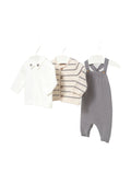Mayoral 2609 baby boy gray 3pc knit overalls cardigan and striped shirt set - front