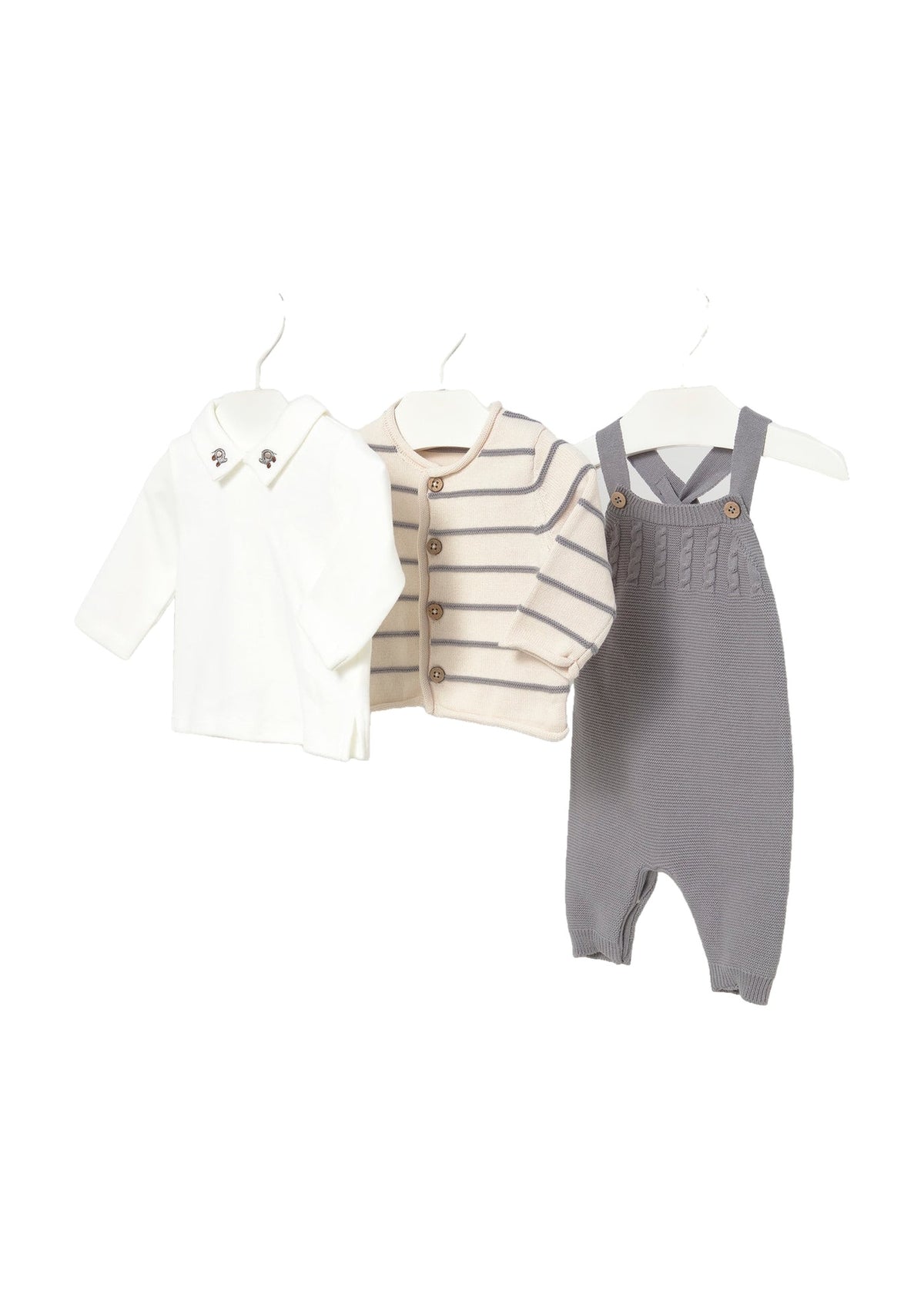 Mayoral 2609 baby boy gray 3pc knit overalls cardigan and striped shirt set - front