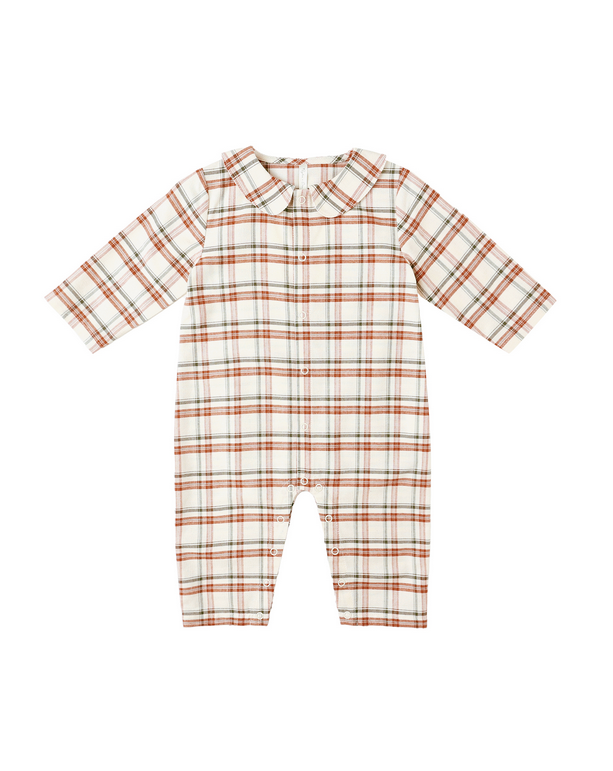 Baby boy collared flannel romper, holiday plaid, front view
