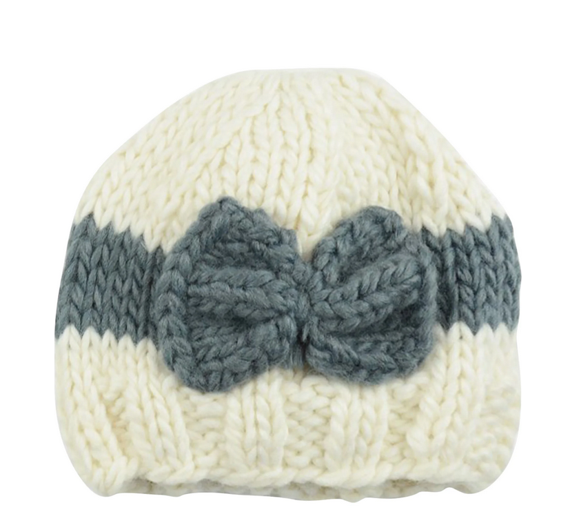 Baby knit beanie hat, white with grey bow, front view