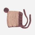 Baby knit pom pom bonnet hat, brown hazelnut, front view