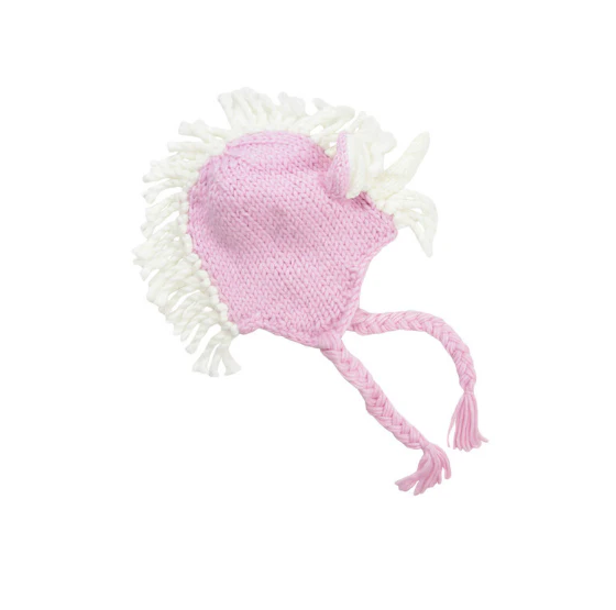 Baby knit unicorn hat, pink and white, front view