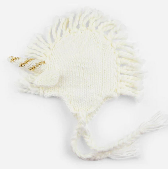 Baby knit unicorn hat, white and gold, front view