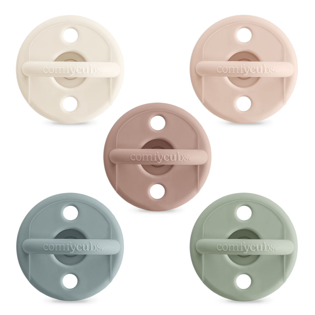Baby pacifier 5-pack in neutral cream, blush, mauve, slate and sage silicone