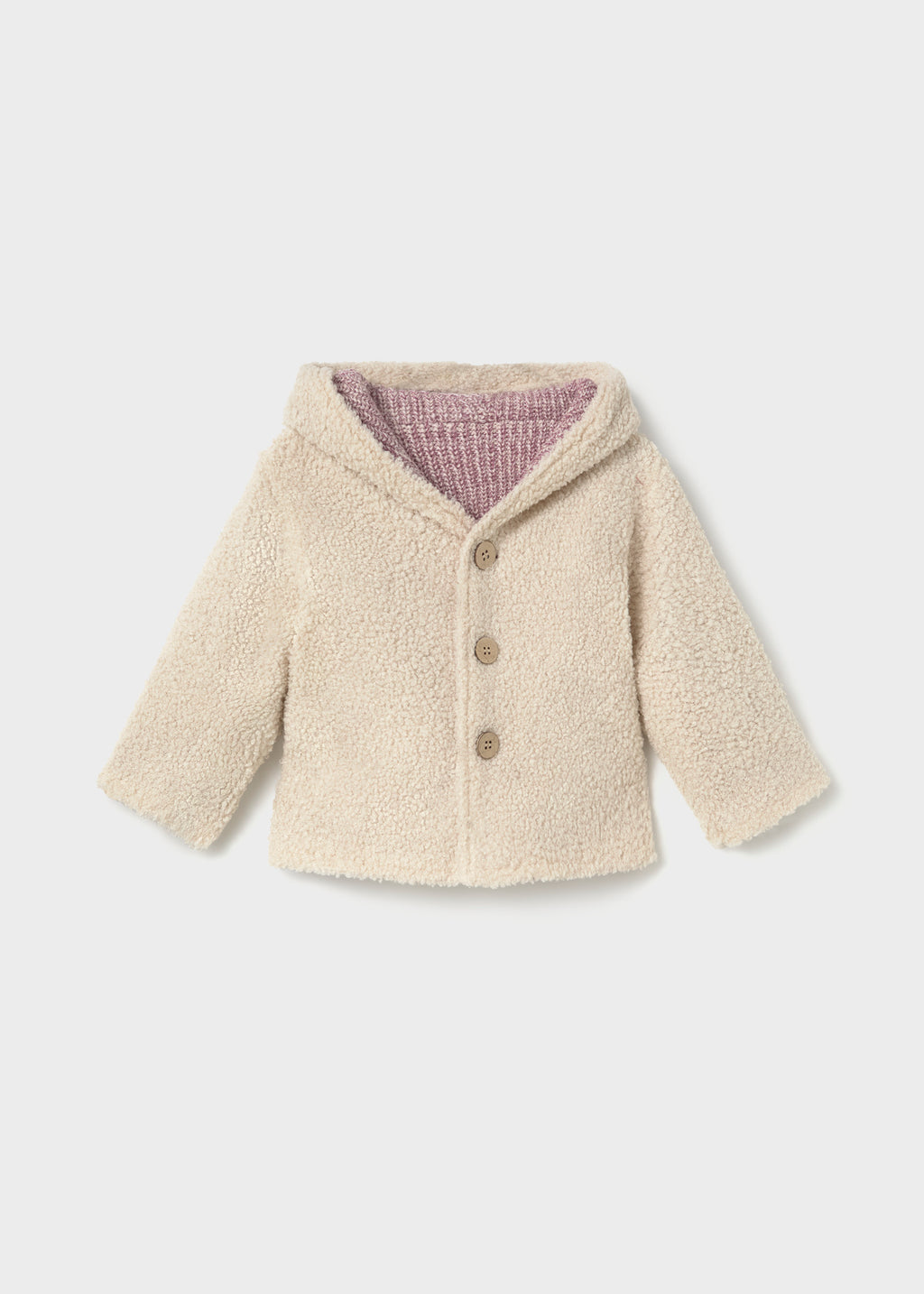 Mayoral 2441 toddler girl violet knit and sherpa reversible hooded coat - reversed sherpa side