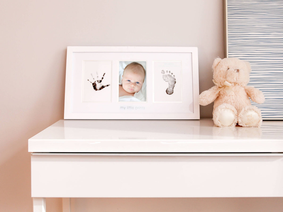 Babyprints handprint and footprint picture frame, on shelf