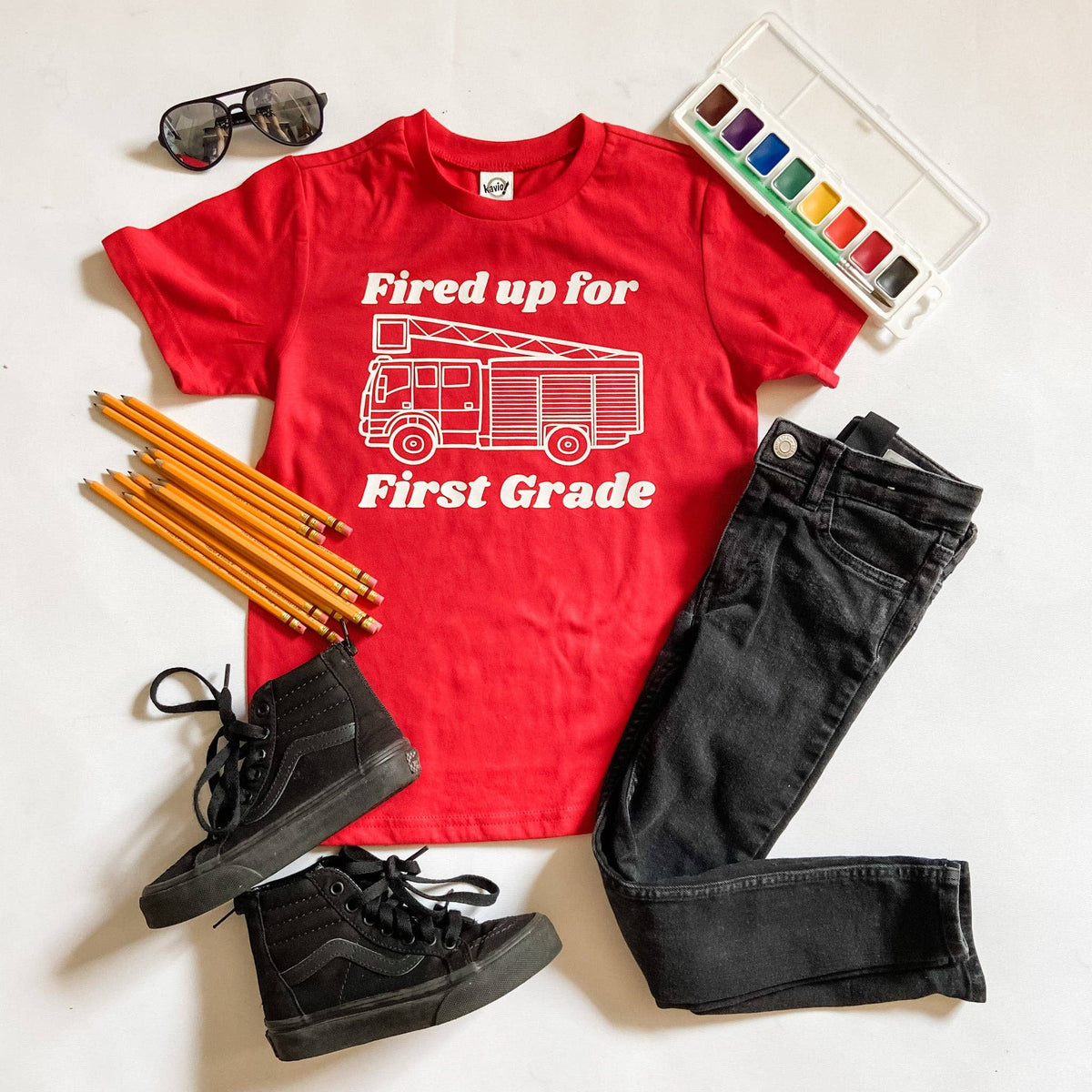 Fired up for First Grade red graphic tee, front view