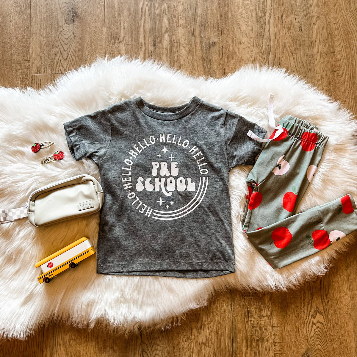 Hello Preschool gray graphic tee, flat lay