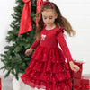 Mini Girls L/S Pearlized Layered Tulle Dress, Rhinestone & Pearl Bow Applique - Holiday Red