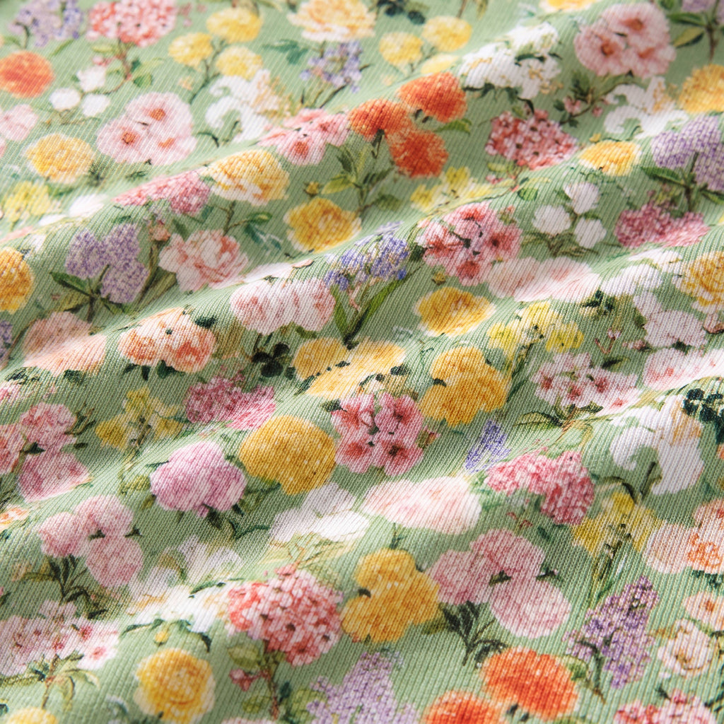 Close-up of the ribbed bamboo knit with roses, marigolds, lilies and lilac on sage green