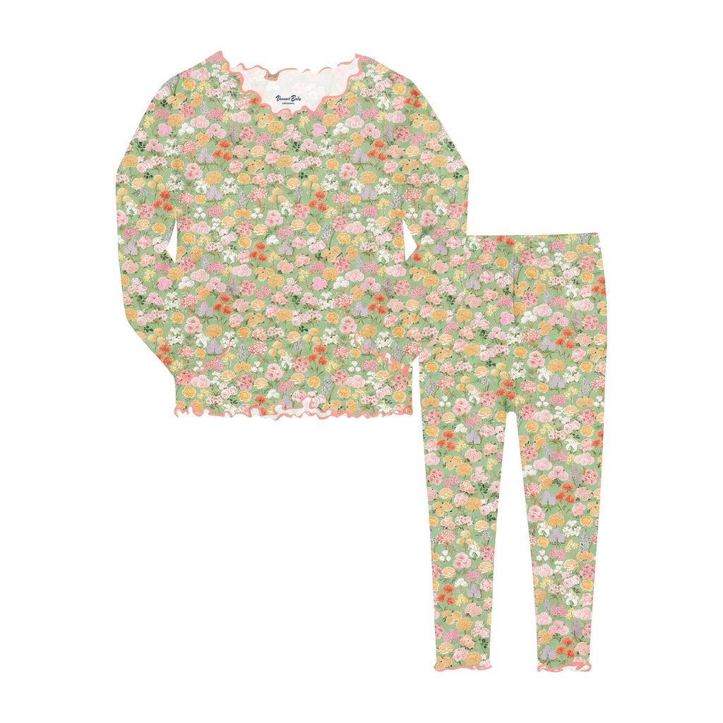 Sage green floral bamboo pajama set flat lay showing long-sleeve top and pants with lettuce-edge trim