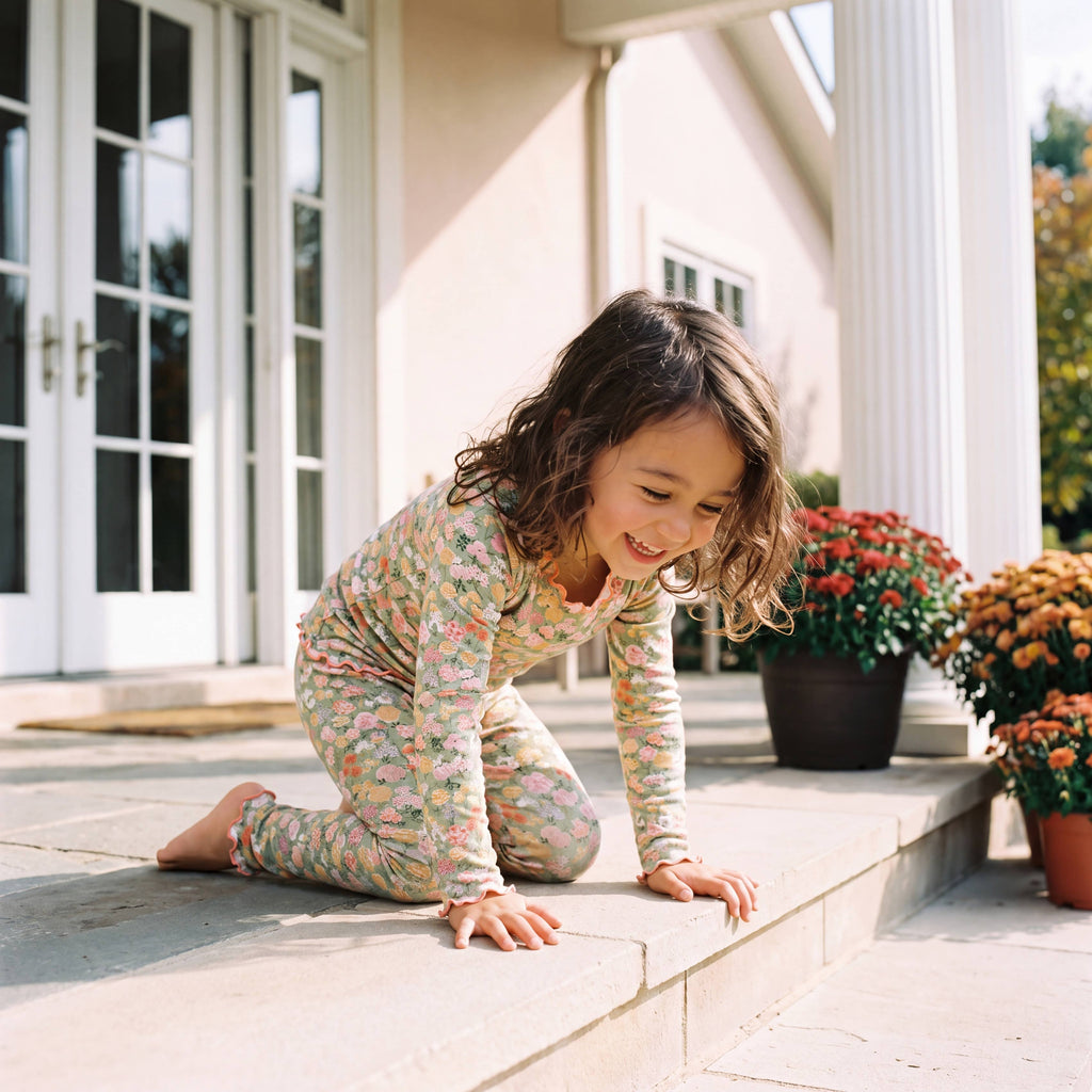Child wearing the Field of Flowers sage green floral pajama set outdoors on front steps
