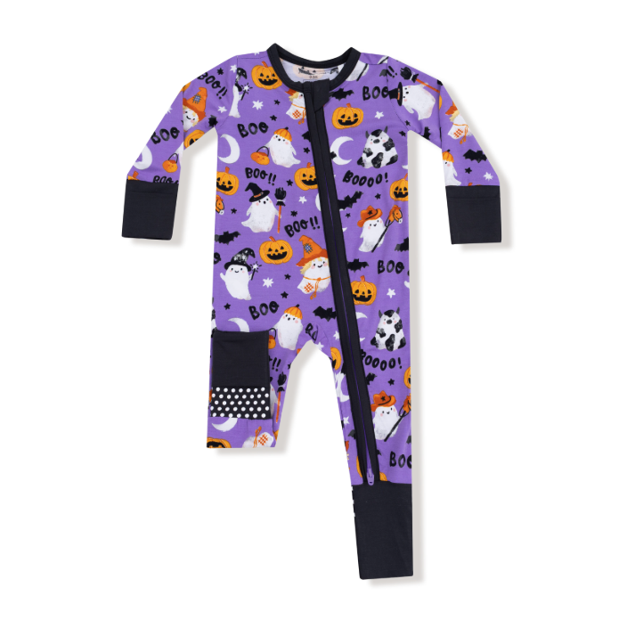 Bamboo convertible zip romper, glow-in-the-dark costumed ghosts purple, front view