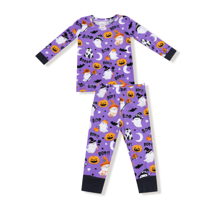 Glow-in-the-dark Halloween bamboo pajama set, costumed ghosts purple, set front view