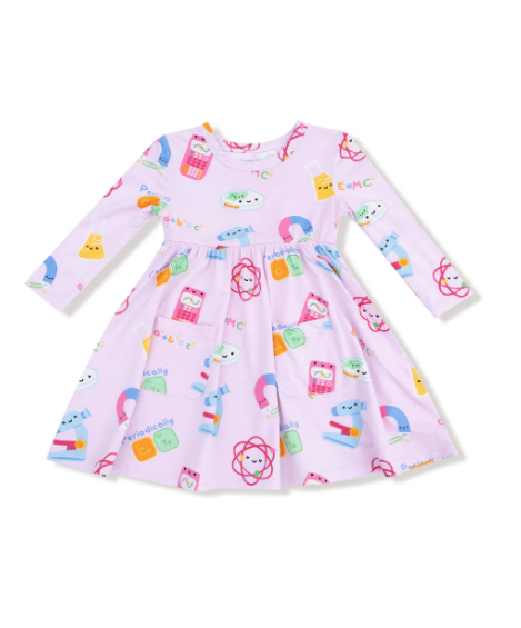 Bamboo long sleeve twirl dress, Future Scientist pink, front view