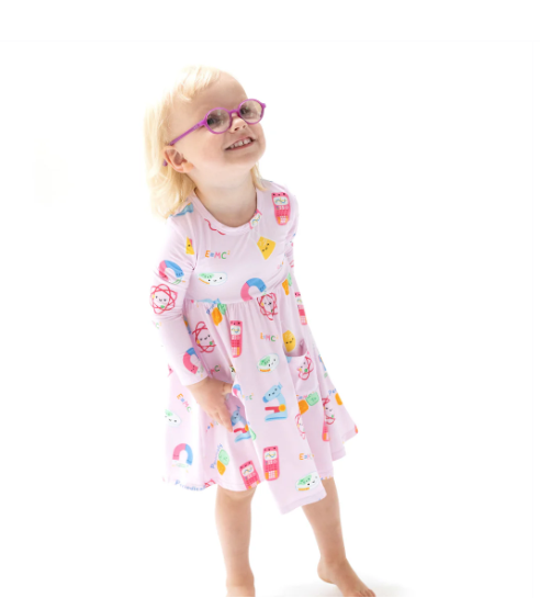 Bamboo long sleeve twirl dress, Future Scientist pink, worn by girl