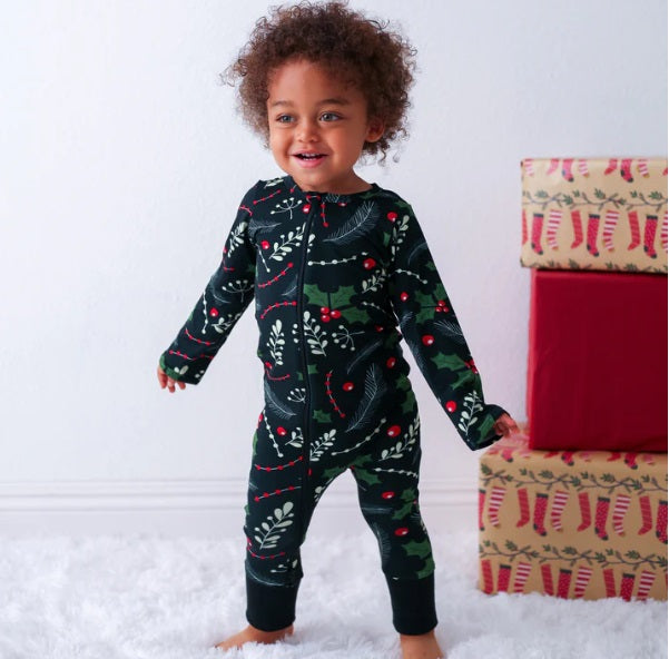 Bestaroo bamboo zip coverall, holly berry, worn by toddler