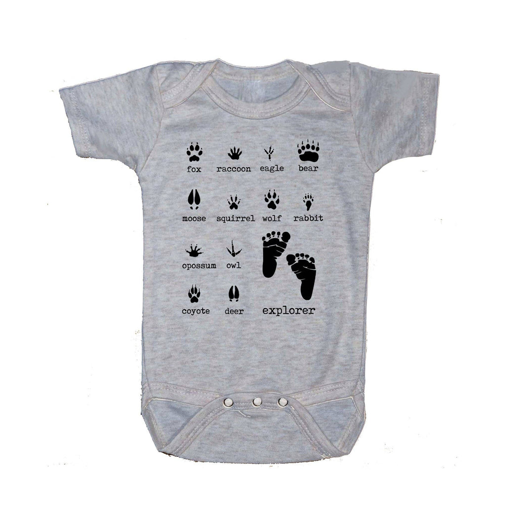 Baby snap bodysuit, heather grey woodland animal footprints, front view