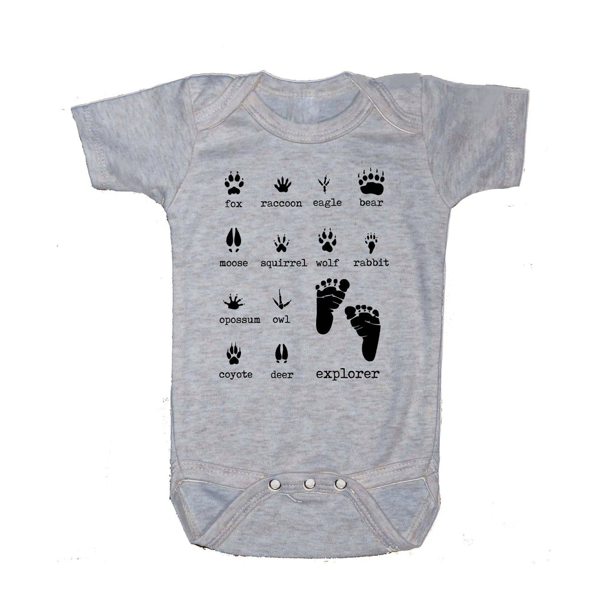 Baby snap bodysuit, heather grey woodland animal footprints, front view