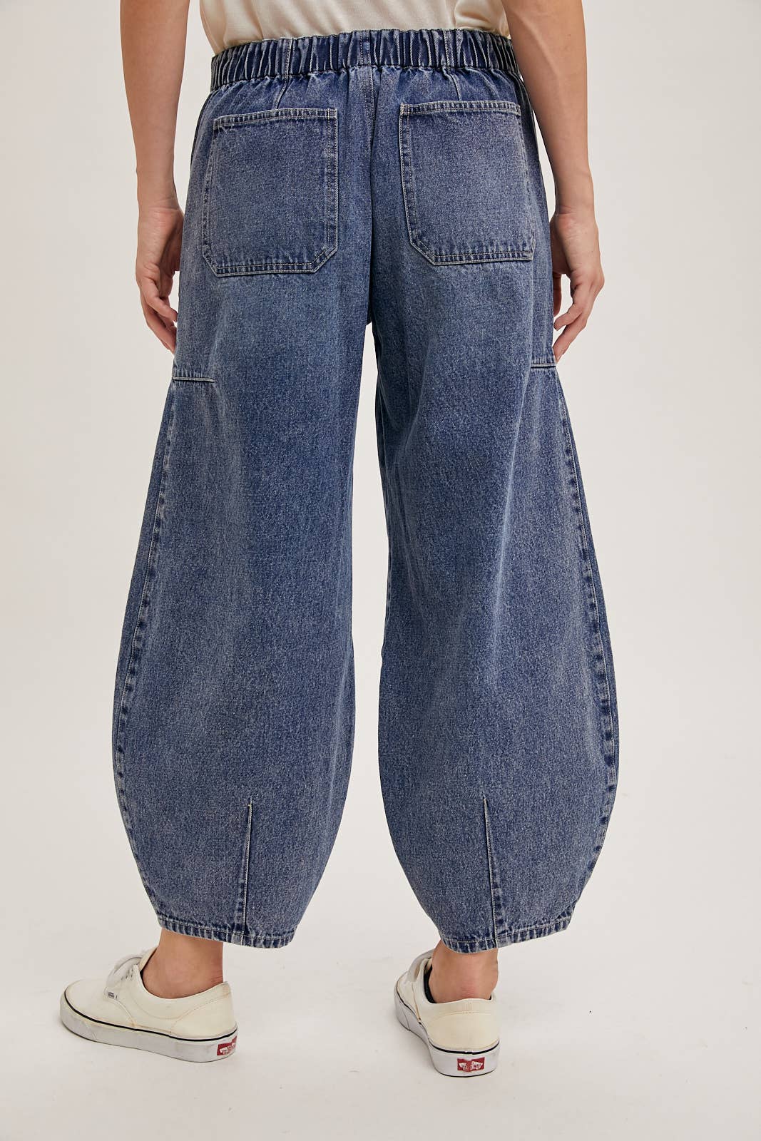 Women's mid-waist drawstring barrel jeans, medium wash, back view