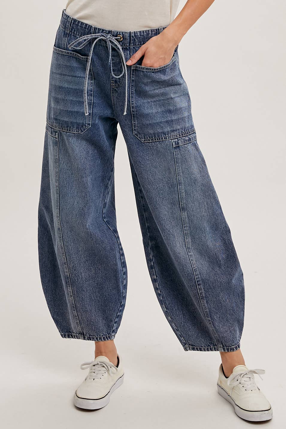Women's mid-waist drawstring barrel jeans, medium wash, front angle
