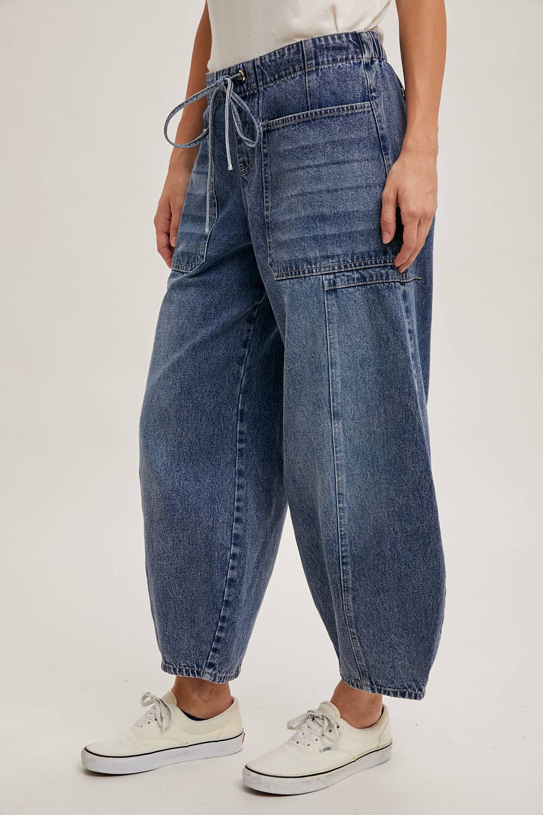 Women's mid-waist drawstring barrel jeans, medium wash, front walking