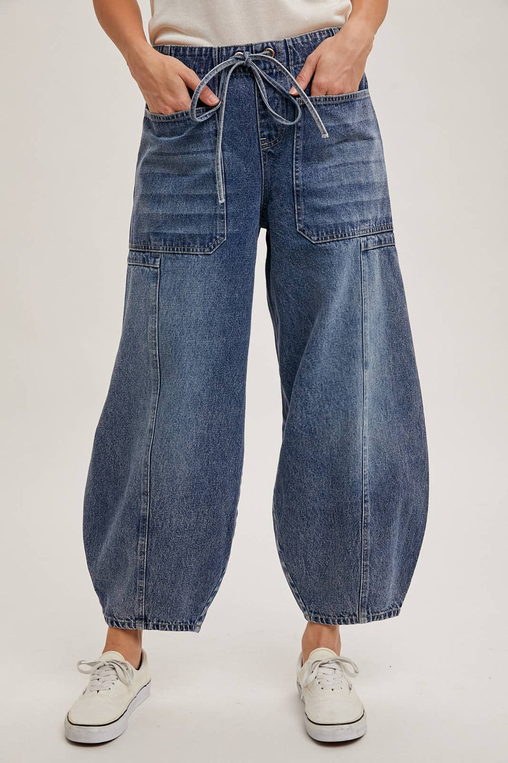 Women's mid-waist drawstring barrel jeans, medium wash, side view